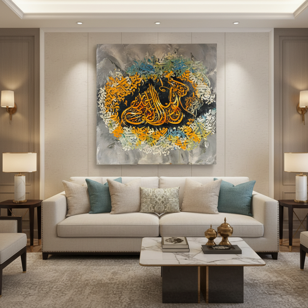 Frameless square Arabic calligraphy canvas art displayed in luxury living room interior