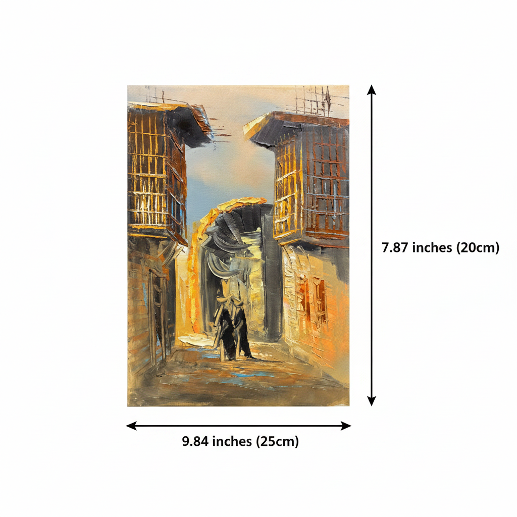 Dimension diagram: under the arch old town oil painting 9.84 inches wide by 7.87 inches tall on white background