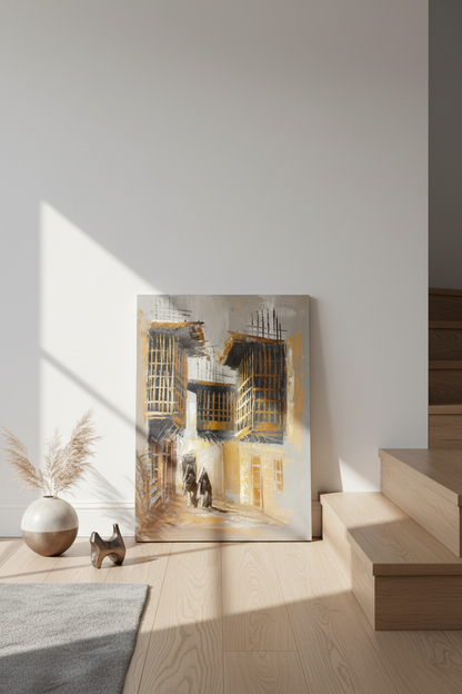 Alleyway painting leaning against wall near stairs in luxury home interior