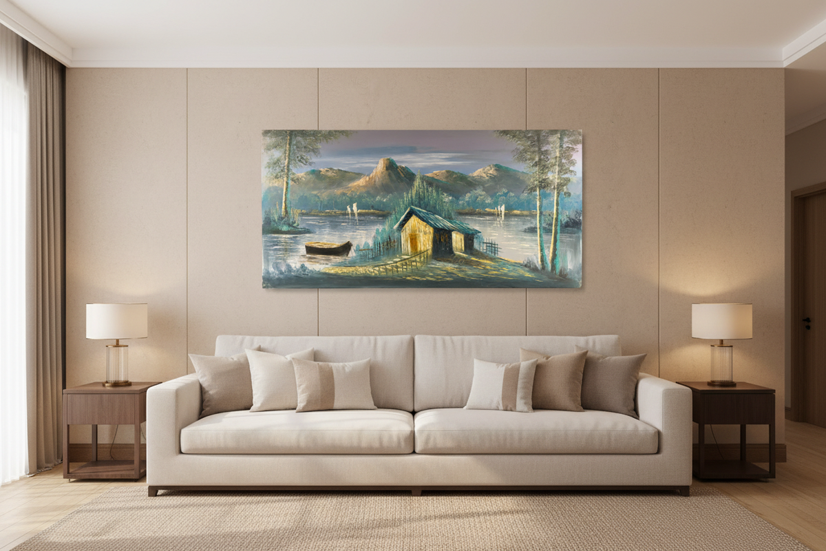 Nature painting hung in modern family living room – lifestyle interior view