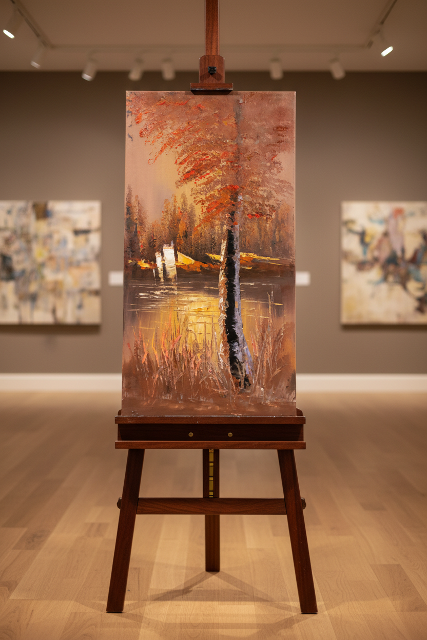 Autumn Fire by the Lake oil painting displayed on art easel stand