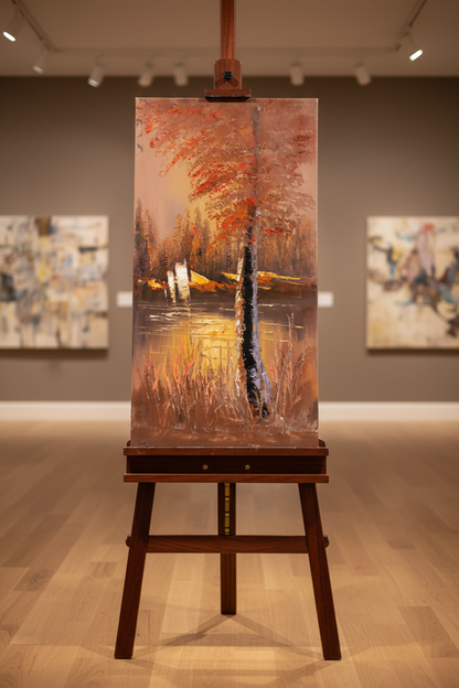Autumn Fire by the Lake oil painting displayed on art easel stand