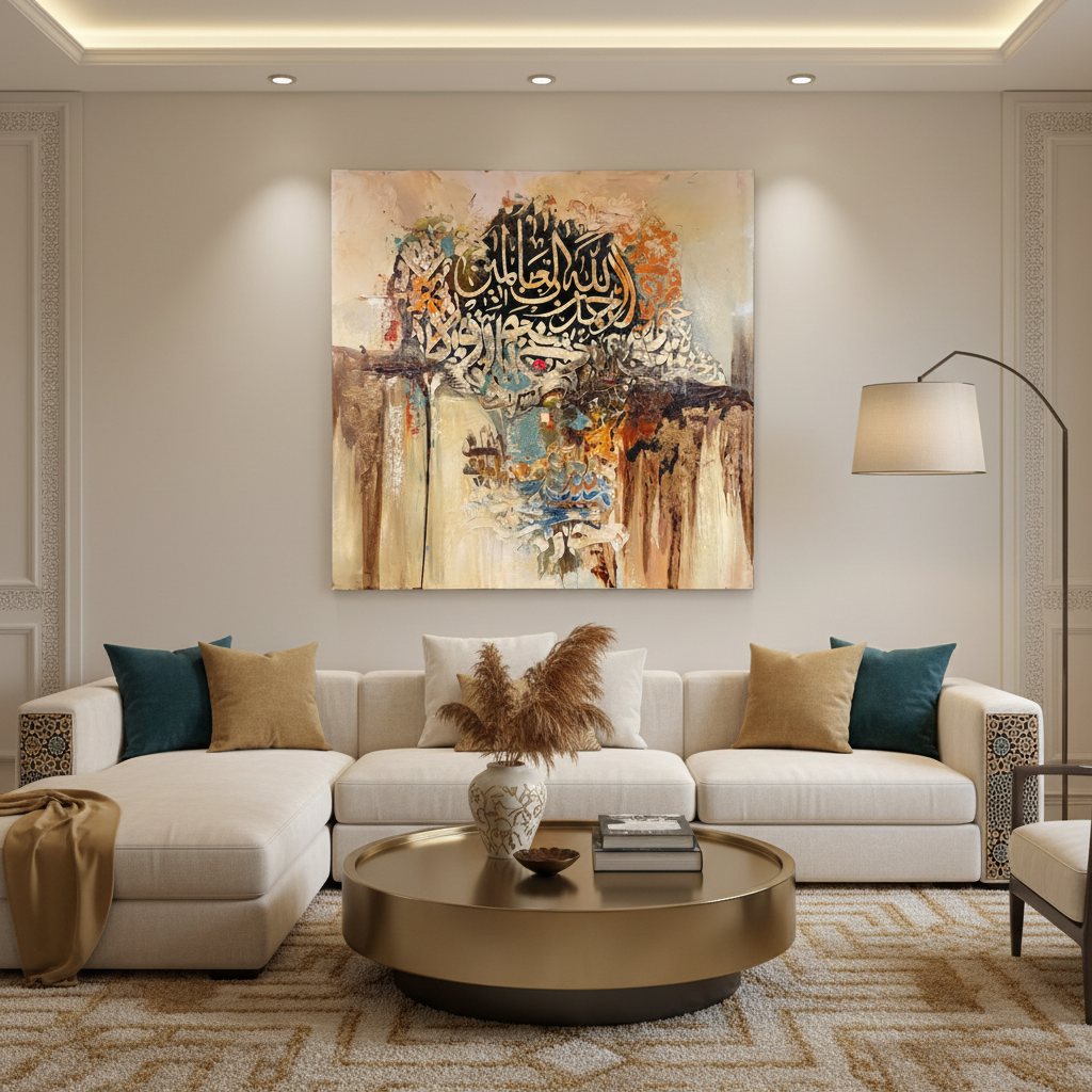 Frameless square Arabic calligraphy canvas art displayed in luxury living room interior