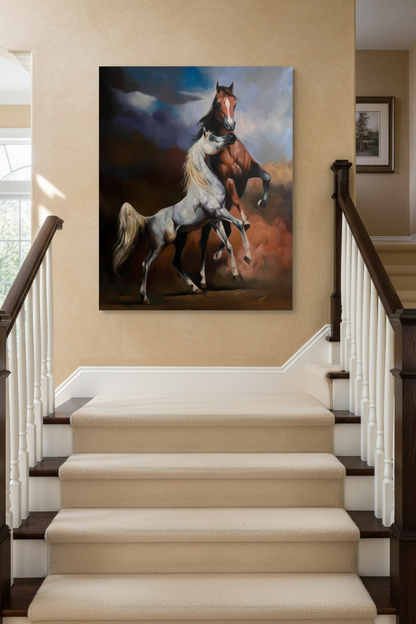 Two Arabian horses in storm canvas hung on a staircase wall at realistic scale