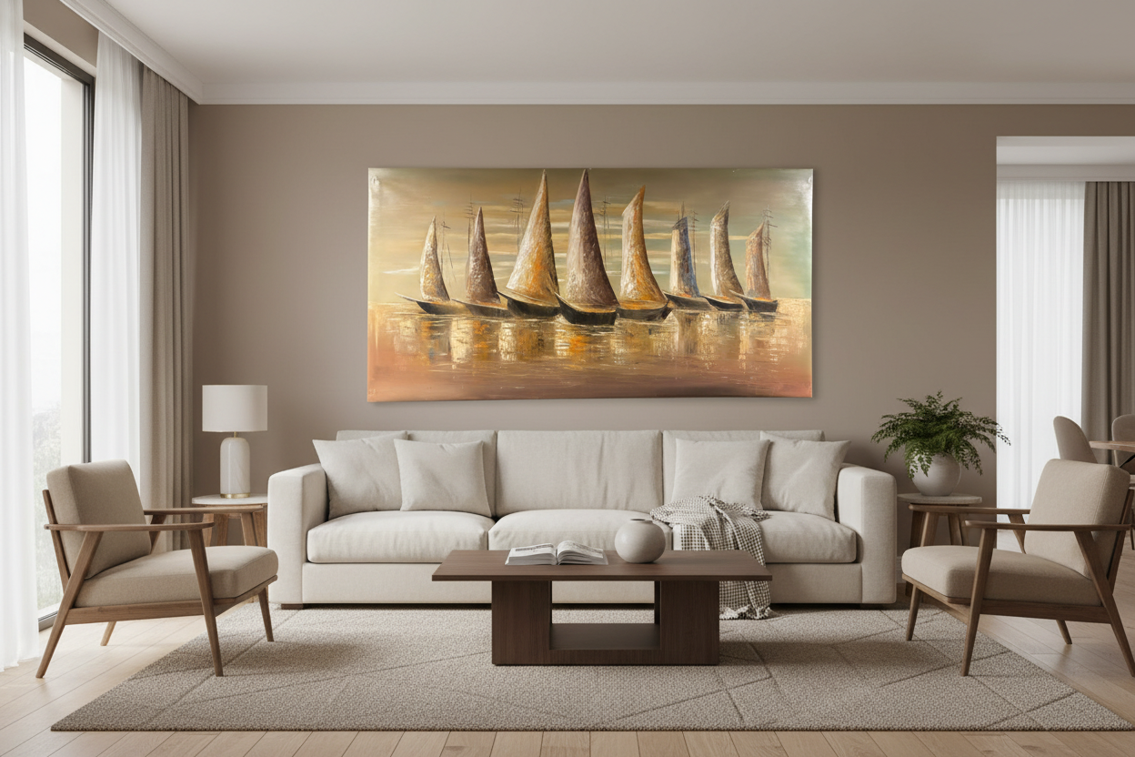 Seagoing Dhows painting hung in modern family living room – lifestyle interior view