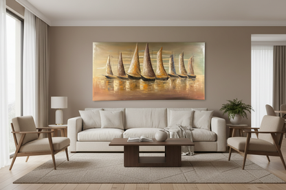 Seagoing Dhows painting hung in modern family living room – lifestyle interior view