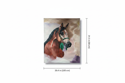Chestnut Arabian horse portrait canvas art with dimensions 39.4 inches wide x 31.5 inches tall 100cm x 80cm