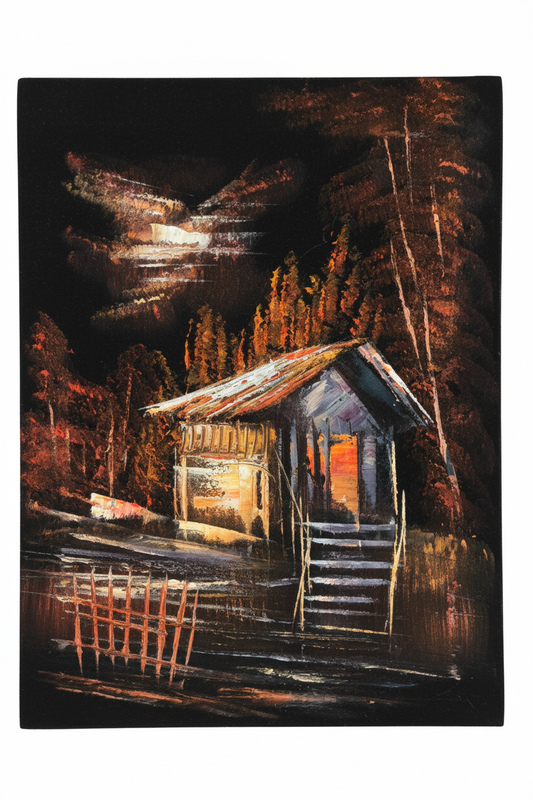 Rustic woodland cabin at night fine art canvas on white background product photo