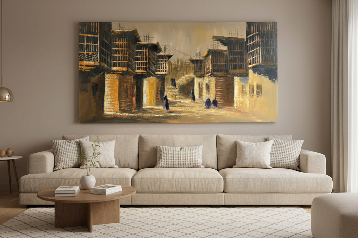 Shanasheel painting hung in modern family living room – lifestyle interior view