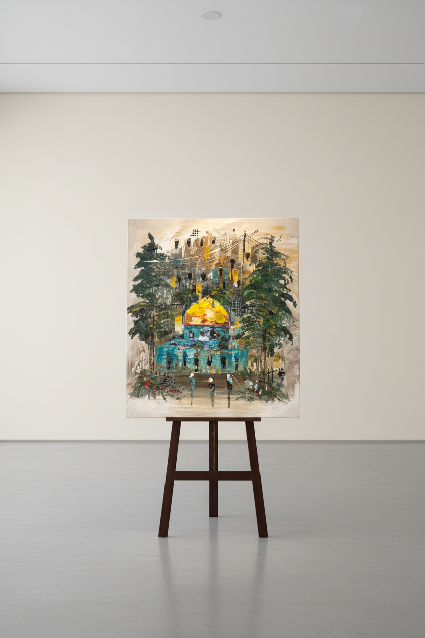 Dome of the Rock pine trees oil painting on luxury wooden gallery easel stand