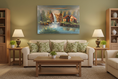 Original waterfall cabin oil painting hung unframed on wall in a cozy olive green family room at true scale 35.43 by 23.62 inches