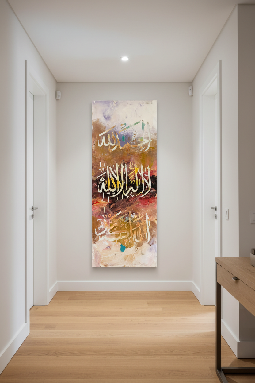 La Ilaha Illallah Islamic calligraphy canvas wall art hung in a modern hallway, no frame, vertical format