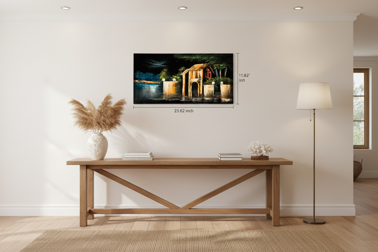 Original waterfront night scene painting displayed unframed on an ivory wall in a coastal living room