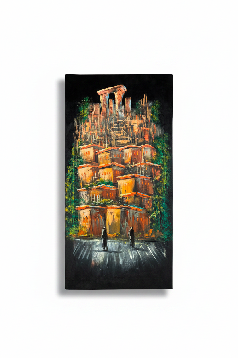 Original oil painting on white background with shadow – ancient terraced city nocturnal scene