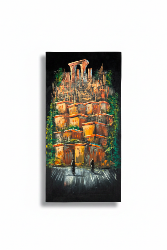 Original oil painting on white background with shadow – ancient terraced city nocturnal scene