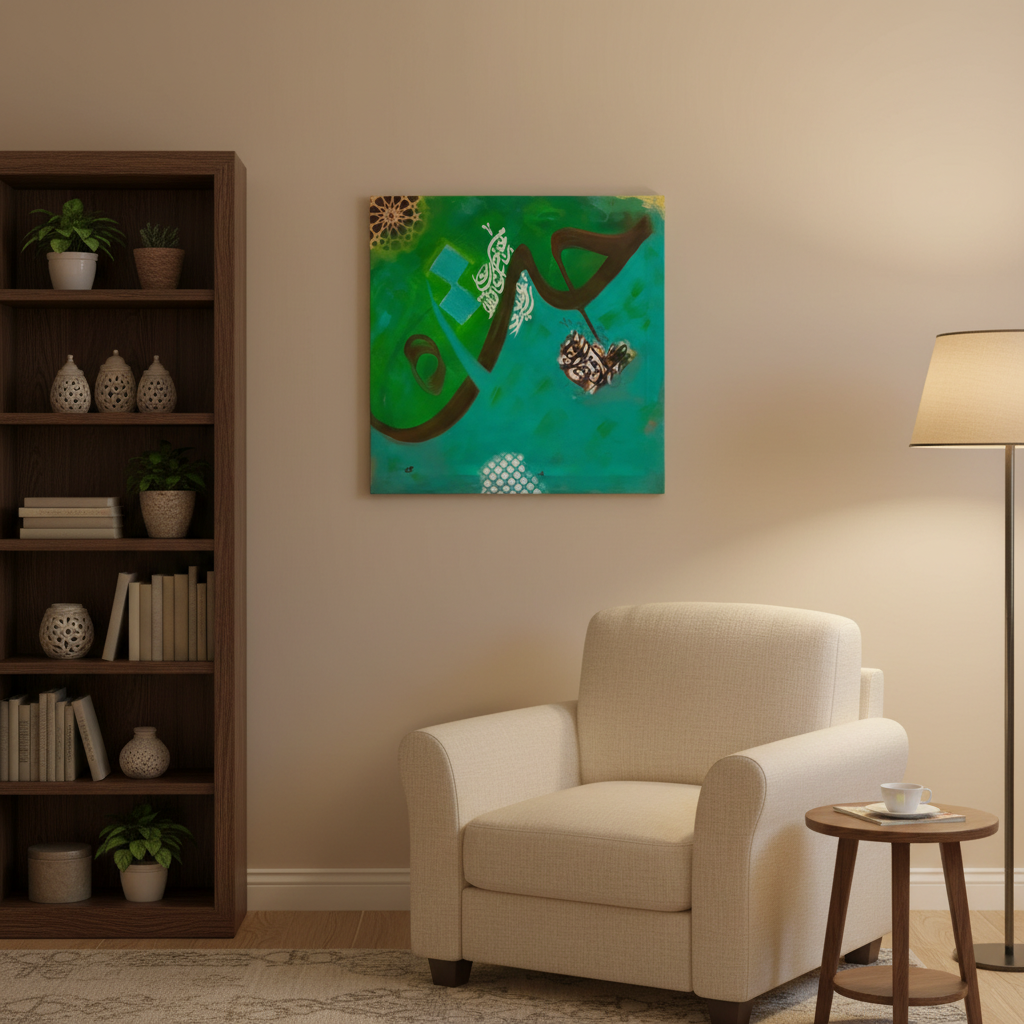 Abstract Islamic calligraphy green teal square canvas art displayed in a cozy living room corner, no frame