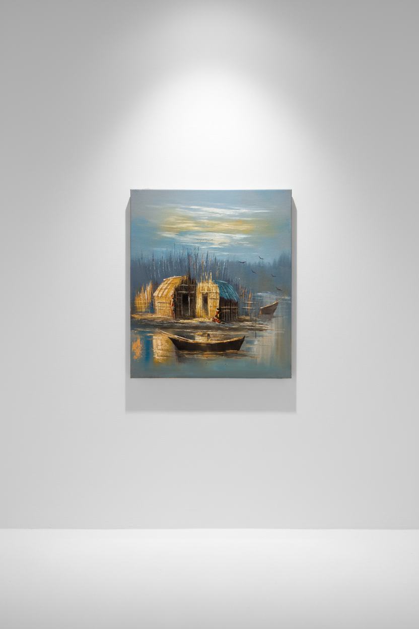 Marshland reed huts dusk oil painting hung on clean empty white gallery wall, no frame, soft directional spotlight shadow