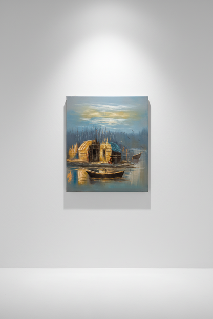 Marshland reed huts dusk oil painting hung on clean empty white gallery wall, no frame, soft directional spotlight shadow