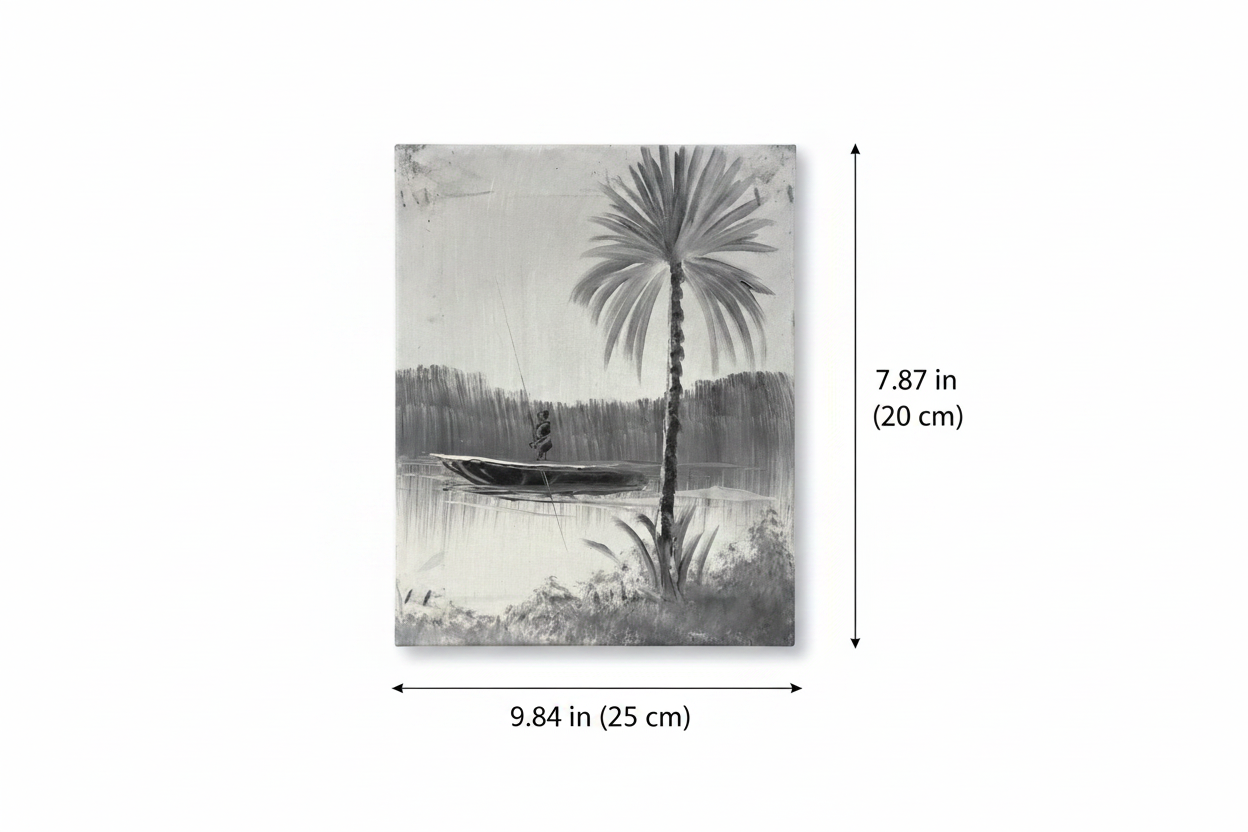 Dimension diagram showing 9.84 inch width and 7.87 inch height of the grey palm fisherman oil painting canvas