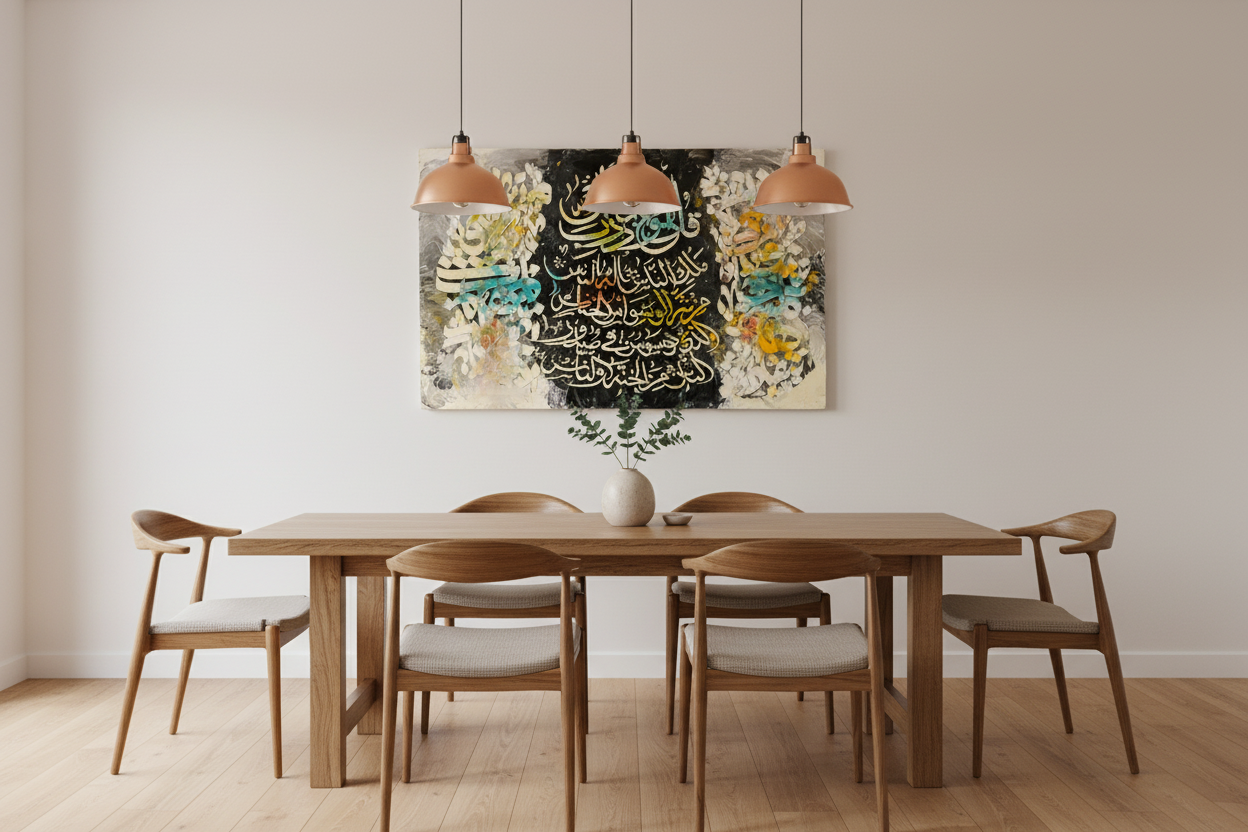 Surah An-Nas gold ivory colorful canvas displayed in a dining area, no frame