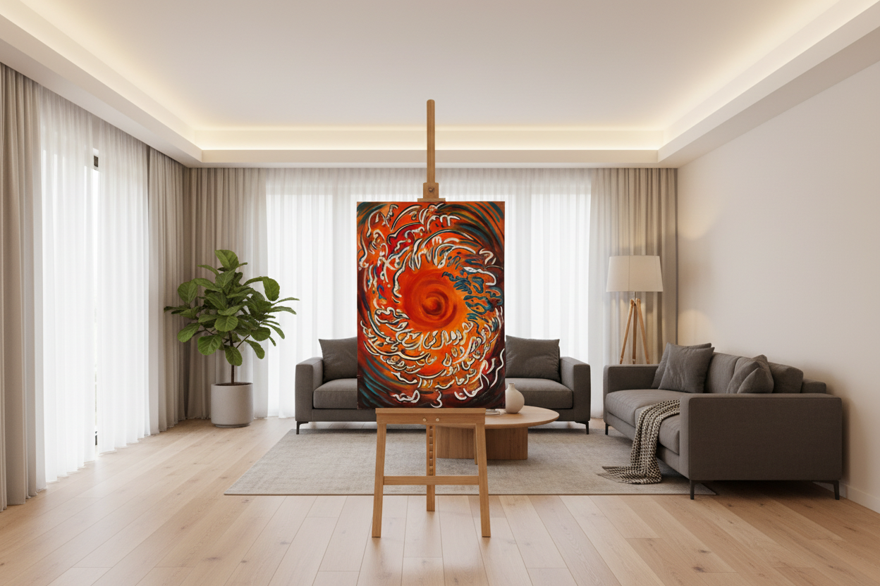 Islamic calligraphy canvas wall art displayed on easel stand in modern living room