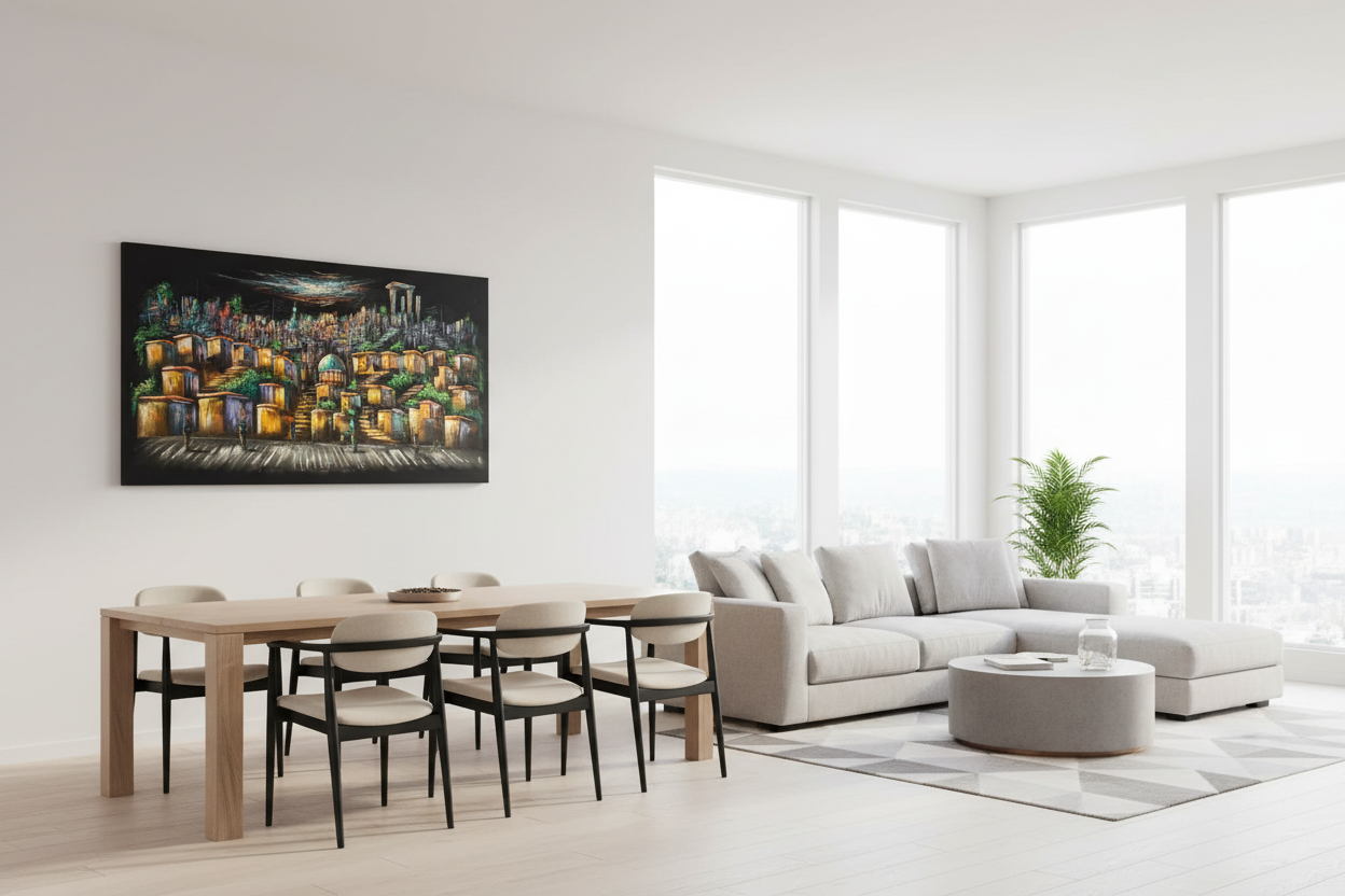 Terraced hillside city night scene canvas wall art displayed in open dining and sitting area