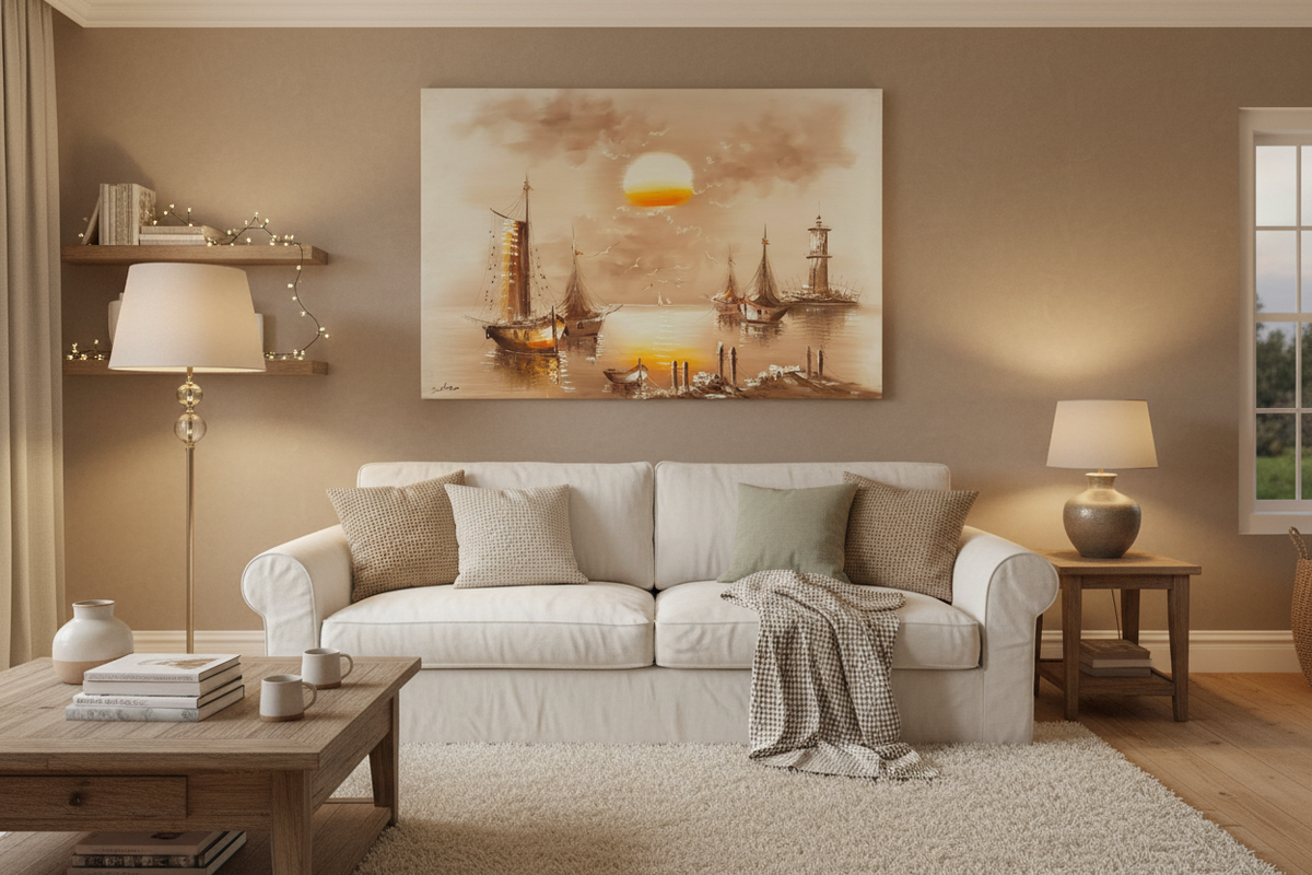 Original harbor sunset oil painting hung unframed on wall in a warm cozy family room at true scale 35.43 by 23.62 inches