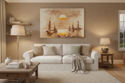 Original harbor sunset oil painting hung unframed on wall in a warm cozy family room at true scale 35.43 by 23.62 inches