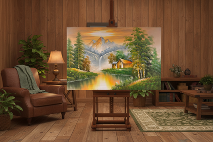 Original mountain waterfall cabin oil painting on a wooden easel stand in a warm rustic traditional living room, unframed at correct scale