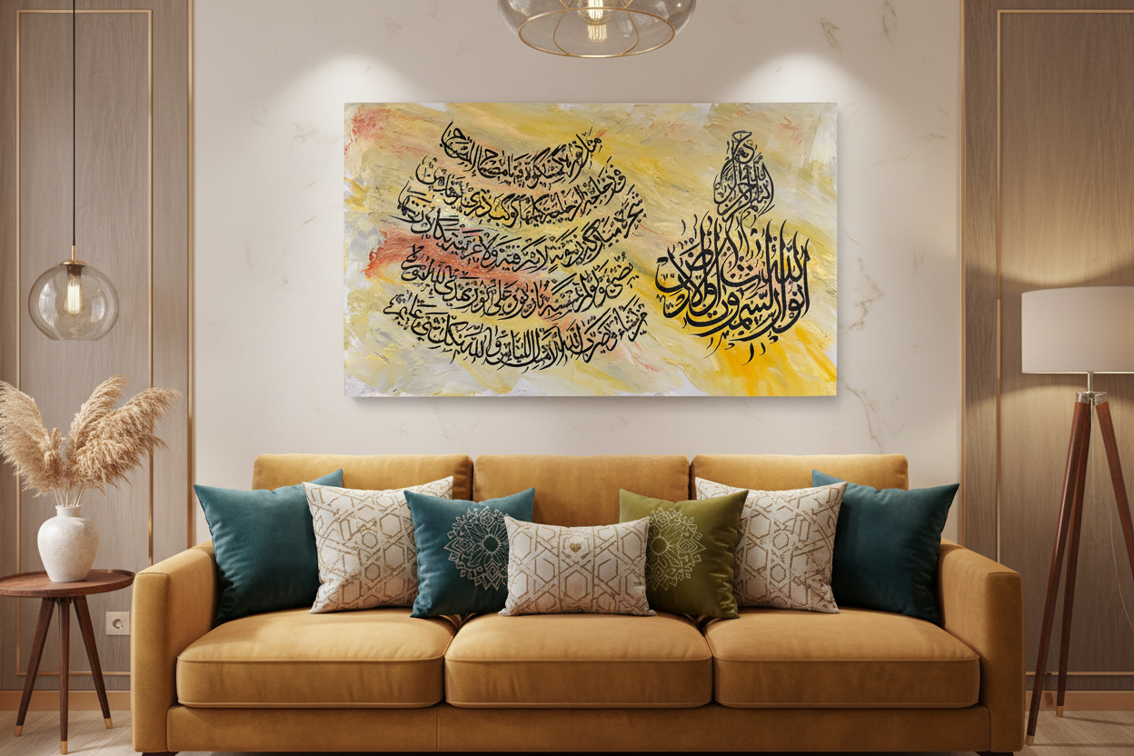 Ayat Al-Salawat canvas displayed in a modern living room above sofa