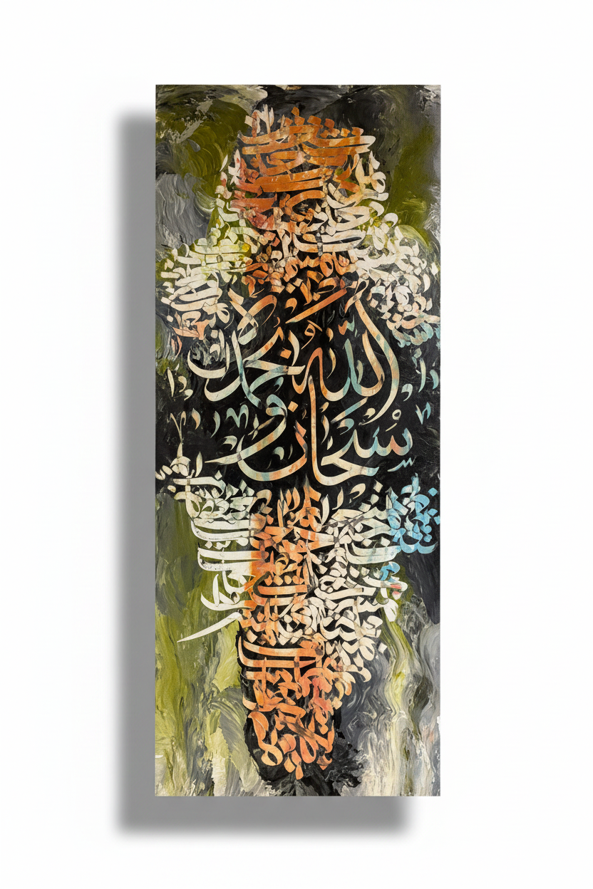 Subhanallah Islamic calligraphy canvas wall art on white background with drop shadow, no frame, 39.37 x 15.75 inches
