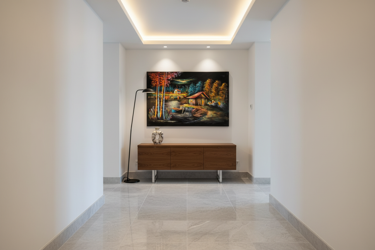 Autumn lakeside cabin canvas art in upscale hallway — lifestyle interior mockup