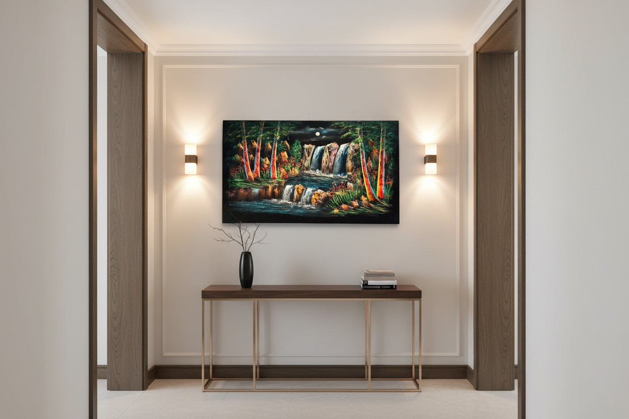 Moonlit forest waterfall night scene canvas wall art displayed in elegant hallway