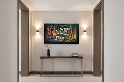 Moonlit forest waterfall night scene canvas wall art displayed in elegant hallway