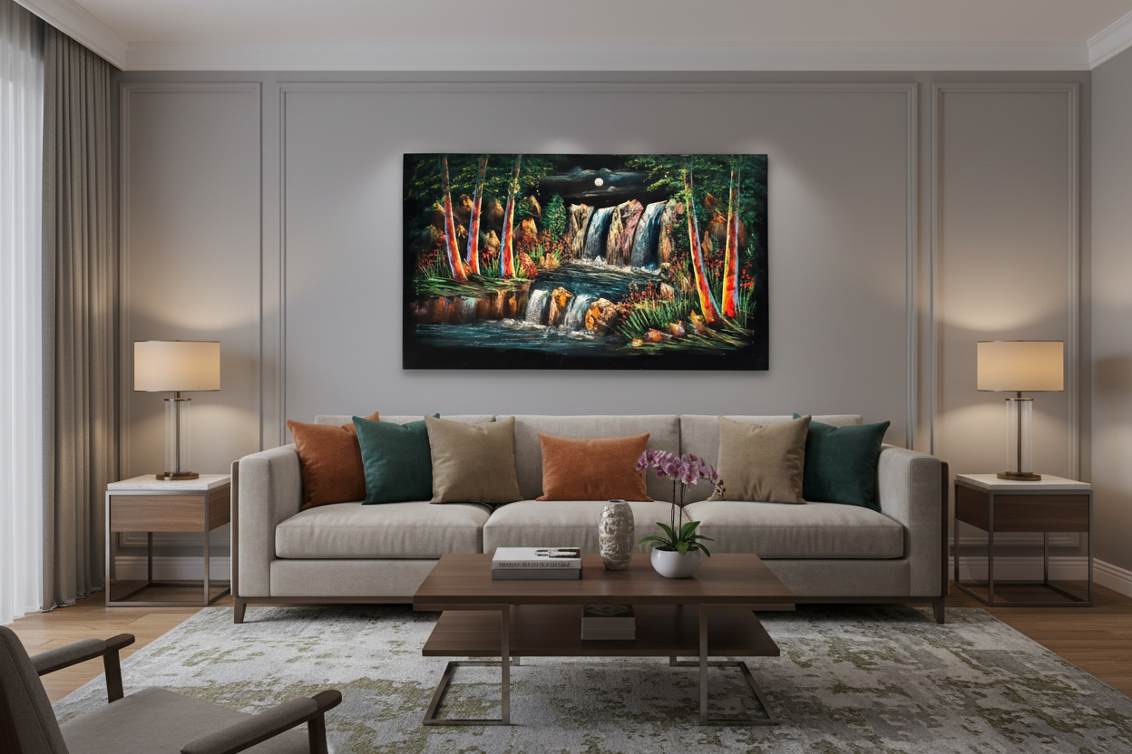 Moonlit forest waterfall night scene canvas wall art displayed in modern living room above sofa