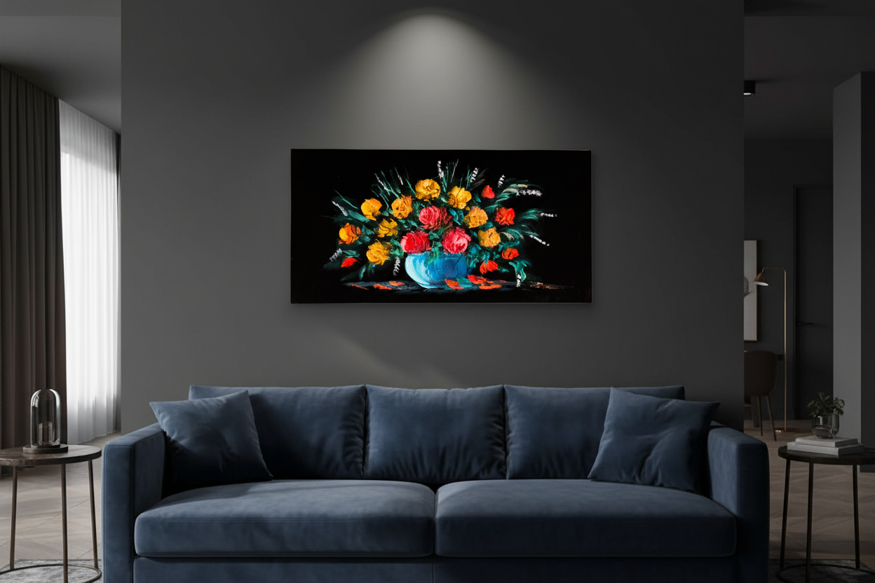 Original wide floral bouquet painting displayed unframed on a dark charcoal wall in a modern living room