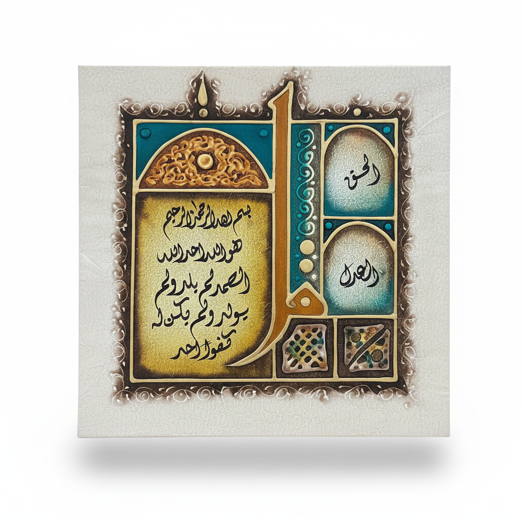 Al-Haqq Al-Adl Islamic calligraphy canvas on white background with shadow