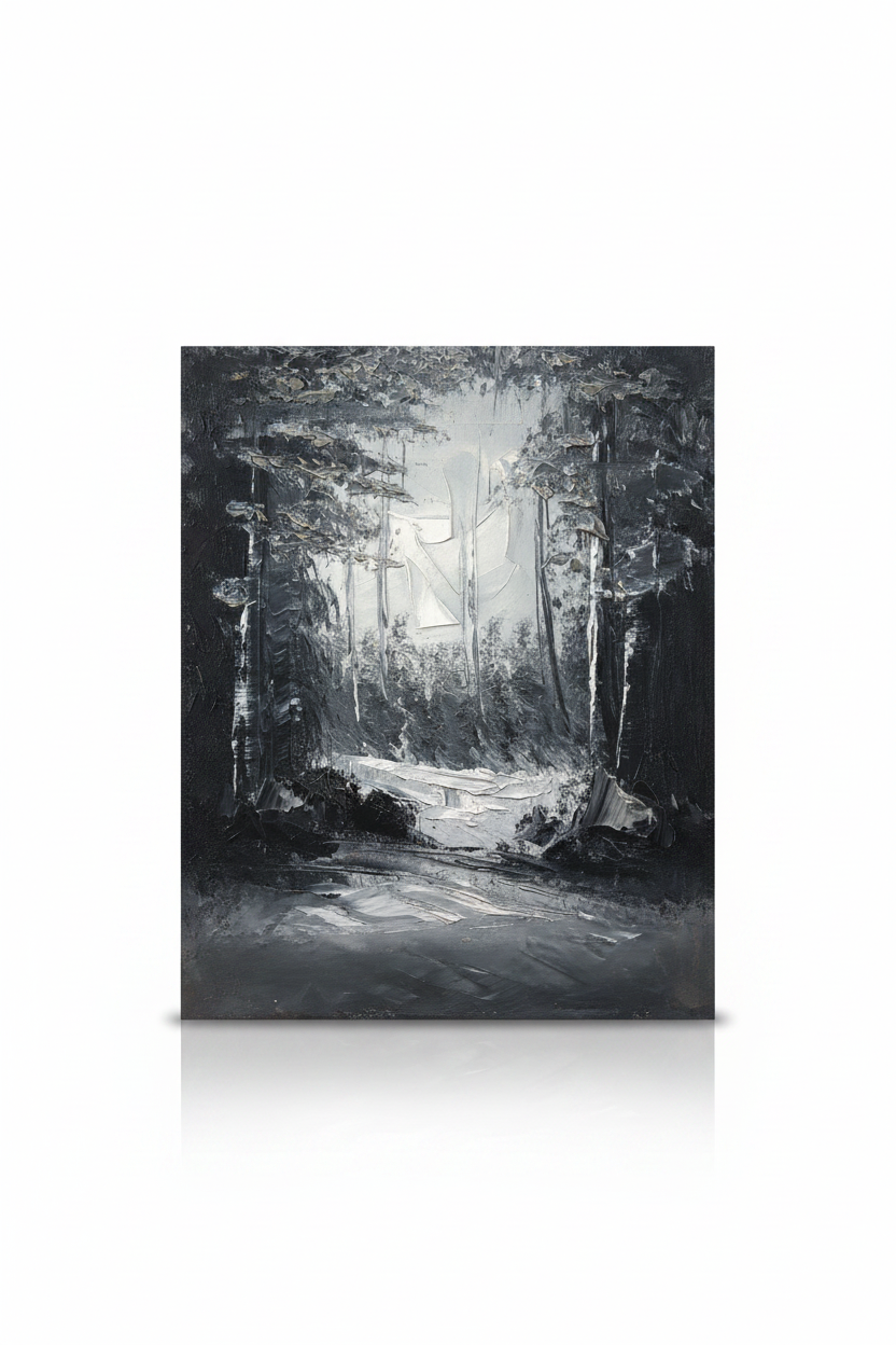 Dark forest monochromatic impasto oil painting isolated on white background with soft drop shadow — no frame