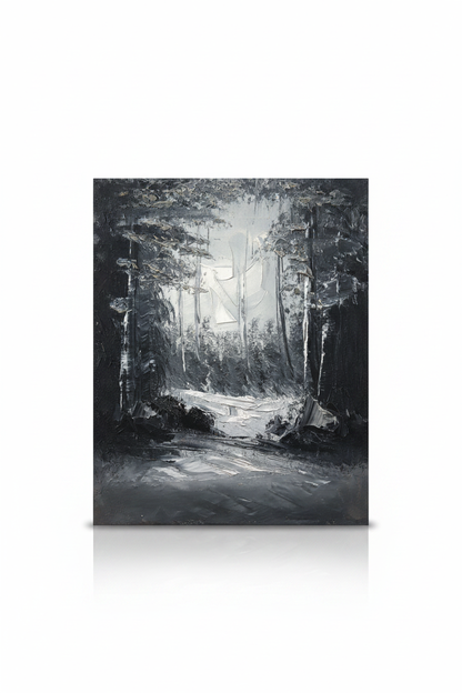 Dark forest monochromatic impasto oil painting isolated on white background with soft drop shadow — no frame
