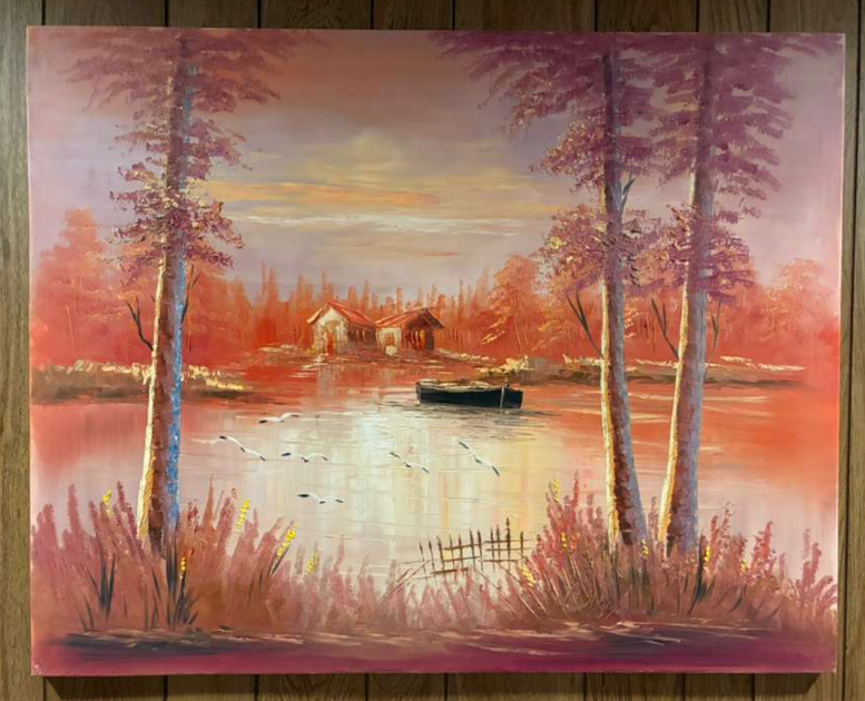 Original oil painting of a crimson autumn lake scene with red cabins, birch trees, rowboat and birds at sunset — 39.37 x 31.50 inches