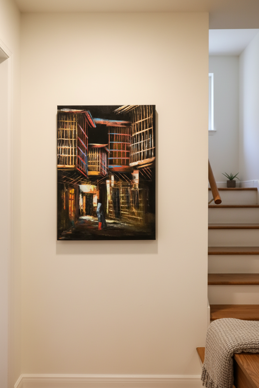 Heritage Alleyway at Night oil painting on ivory white wall in intimate hallway near staircase — no frame, lifestyle interior staging