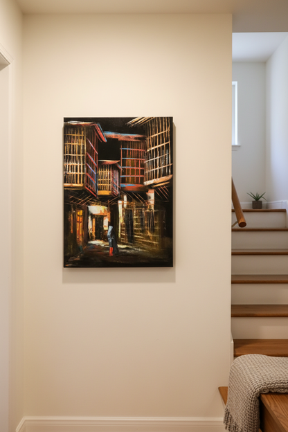 Heritage Alleyway at Night oil painting on ivory white wall in intimate hallway near staircase — no frame, lifestyle interior staging