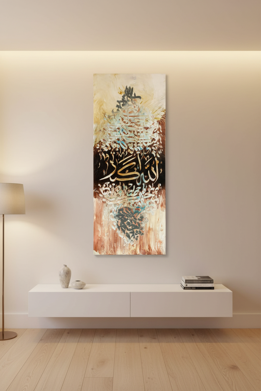 Allahu Akbar gold calligraphy canvas wall art hung in a modern hallway, no frame, vertical format