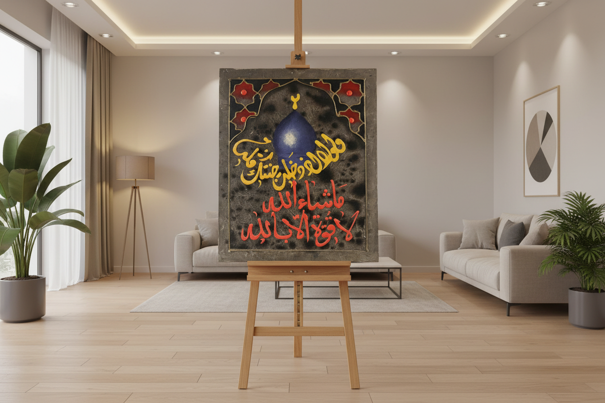 Masha Allah La Quwwata Illa Billah mosque dome panel displayed on easel stand in modern living room