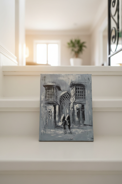 Original old city shanasheel impasto oil painting leaning on marble staircase step in luxury home interior