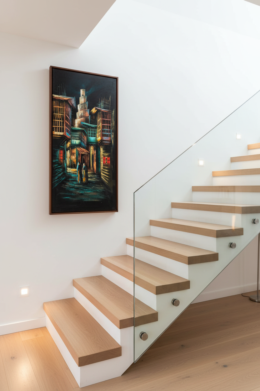Spiral minaret alley painting displayed on staircase wall in luxury home interior
