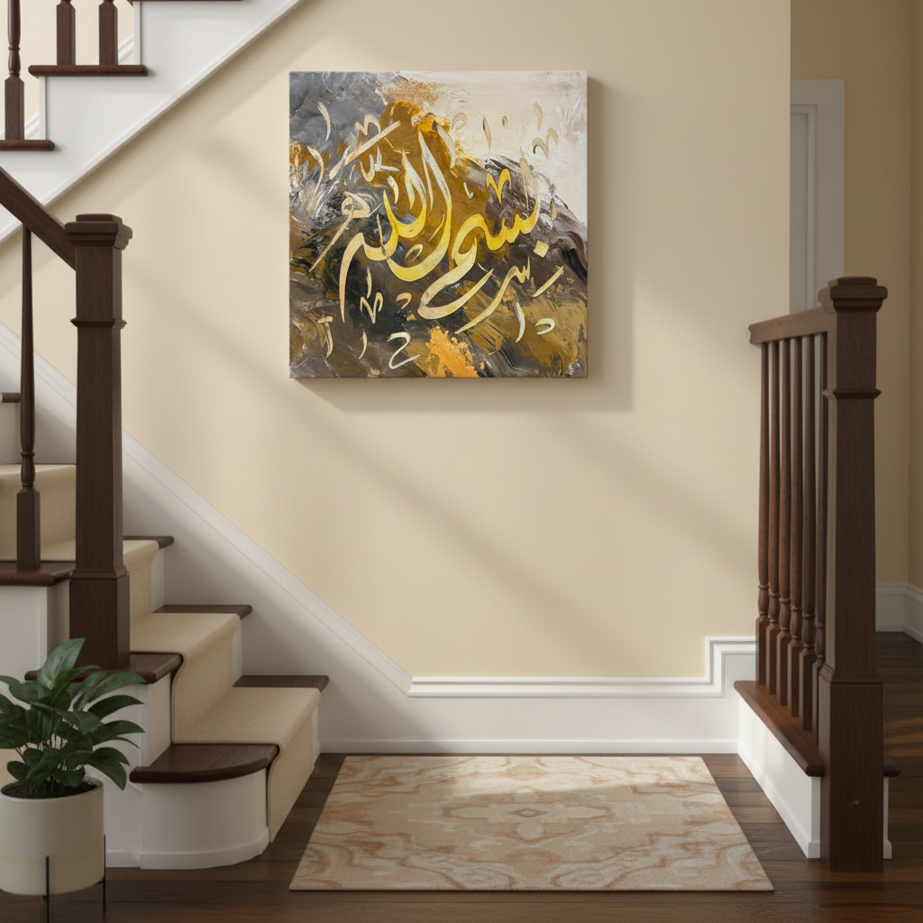 Bismillah gold calligraphy canvas hung on a staircase wall at realistic scale