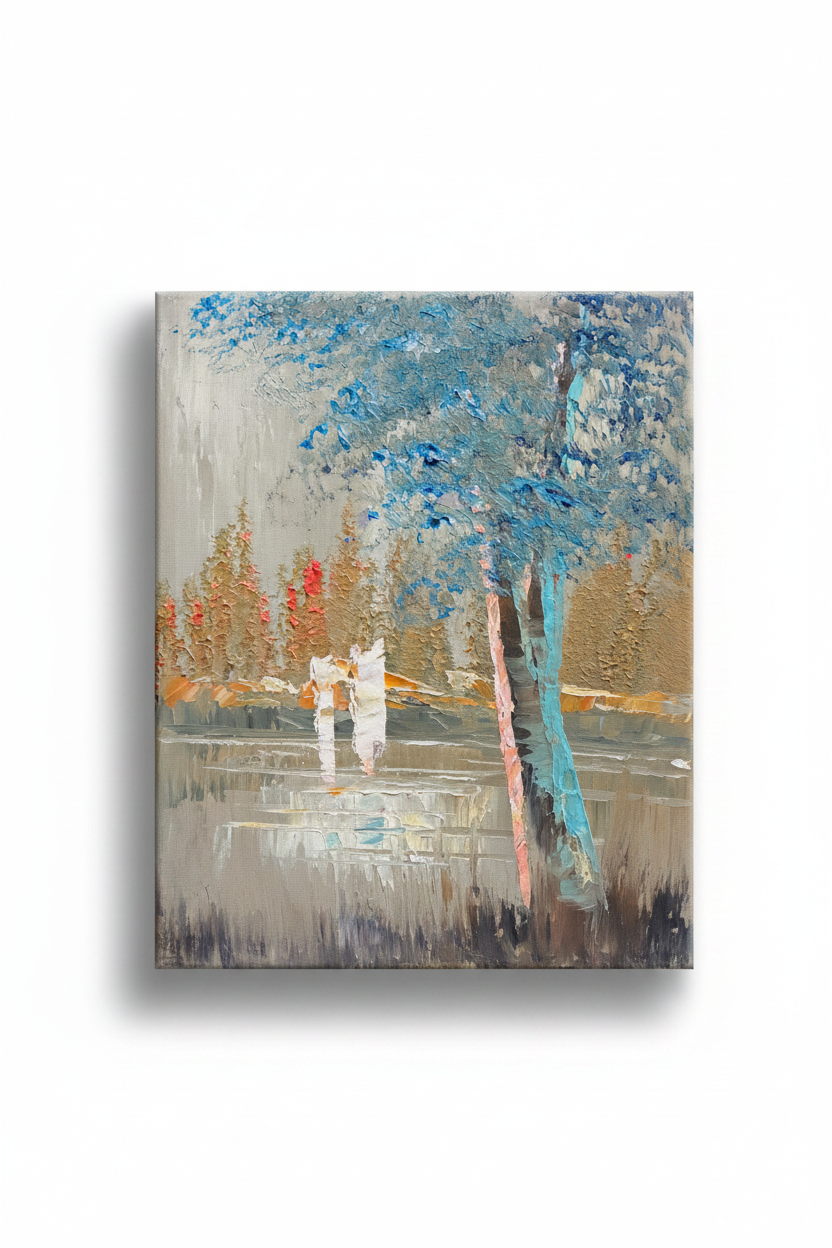 Misty park teal tree impressionist impasto oil painting isolated on white background with soft drop shadow — no frame