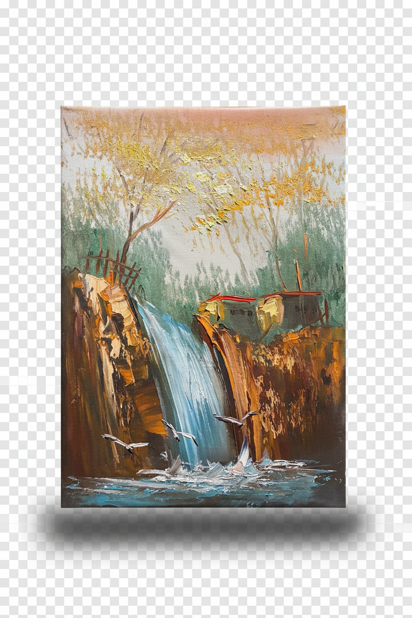 Waterfall and golden trees oil painting with transparent background and soft drop shadow – no frame