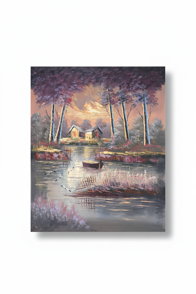 Original woodland lake twilight oil painting isolated on white background with soft drop shadow — clean product shot